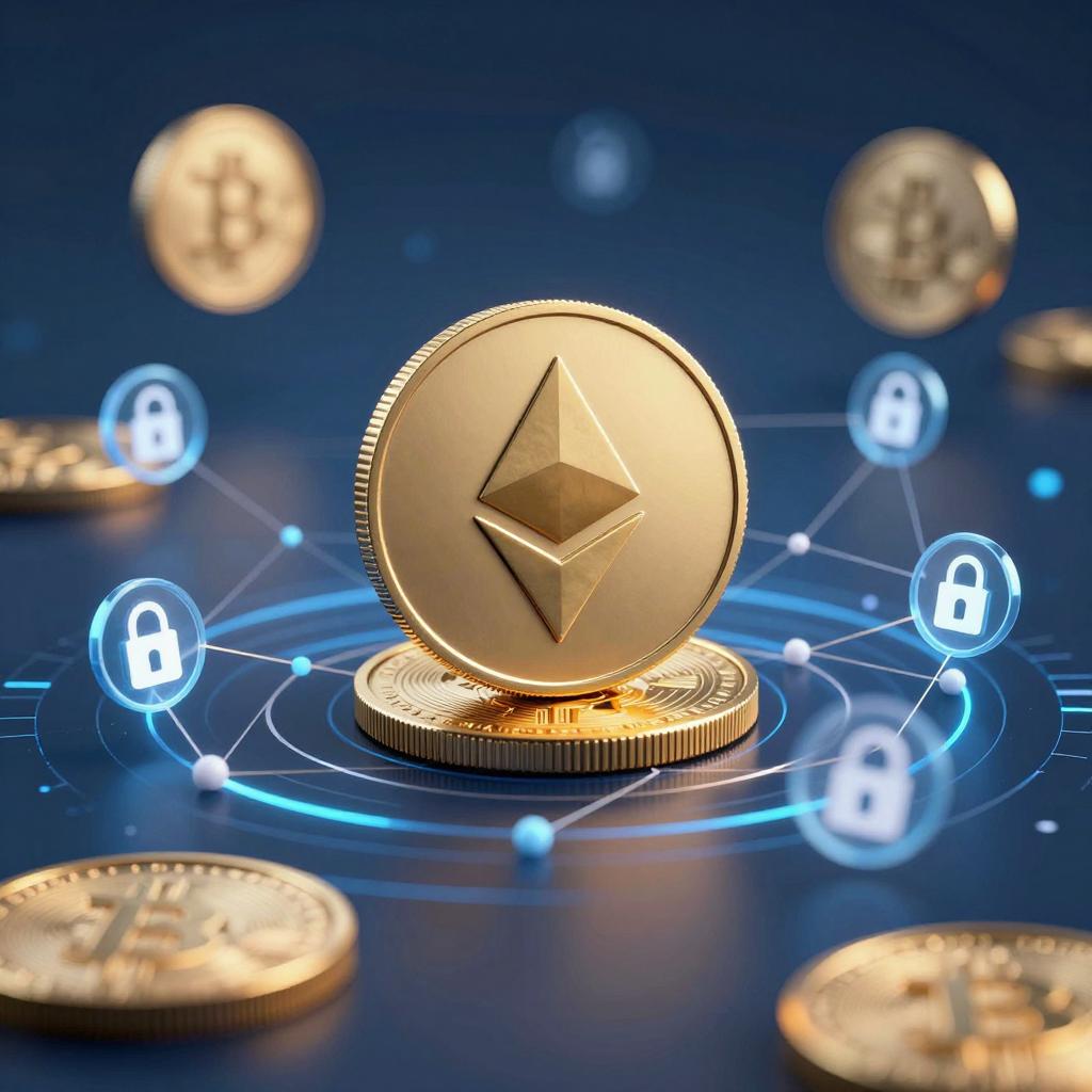 Futuristic fintech visualization showing blockchain networks, digital coins, and decentralized node connections with golden lighting.