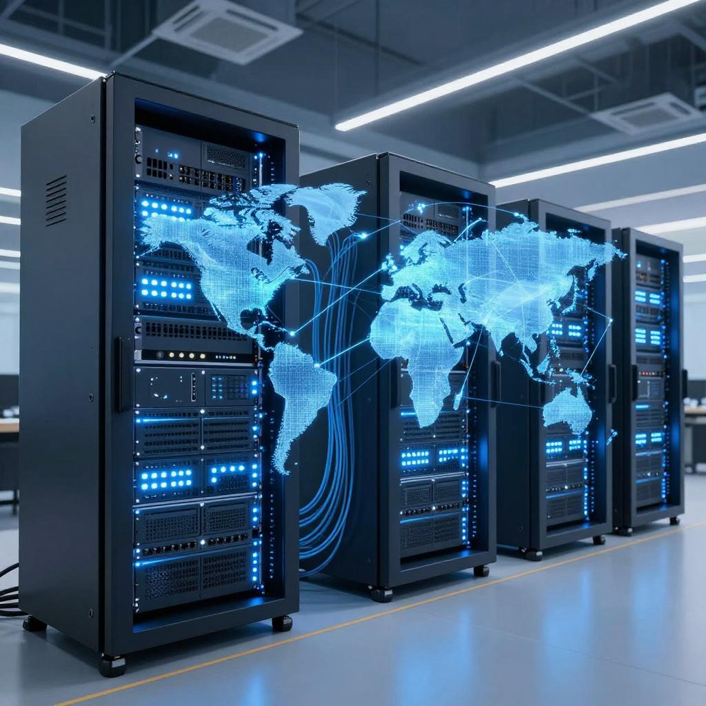 Modern cloud infrastructure visualization with interconnected server racks and global network topology in blue-white lighting.