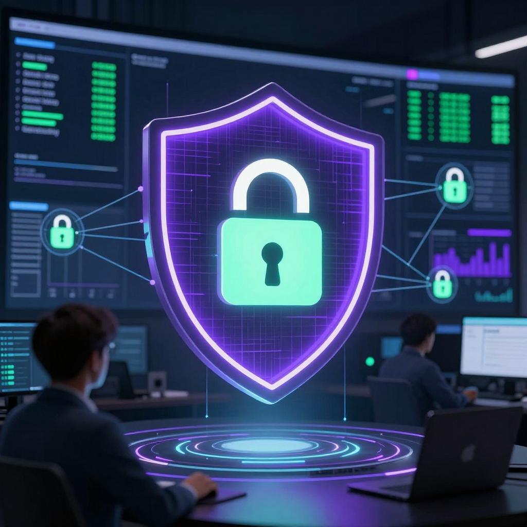 Dark mode cybersecurity operations center with protective shield graphics, encryption symbols, and security monitoring interfaces.