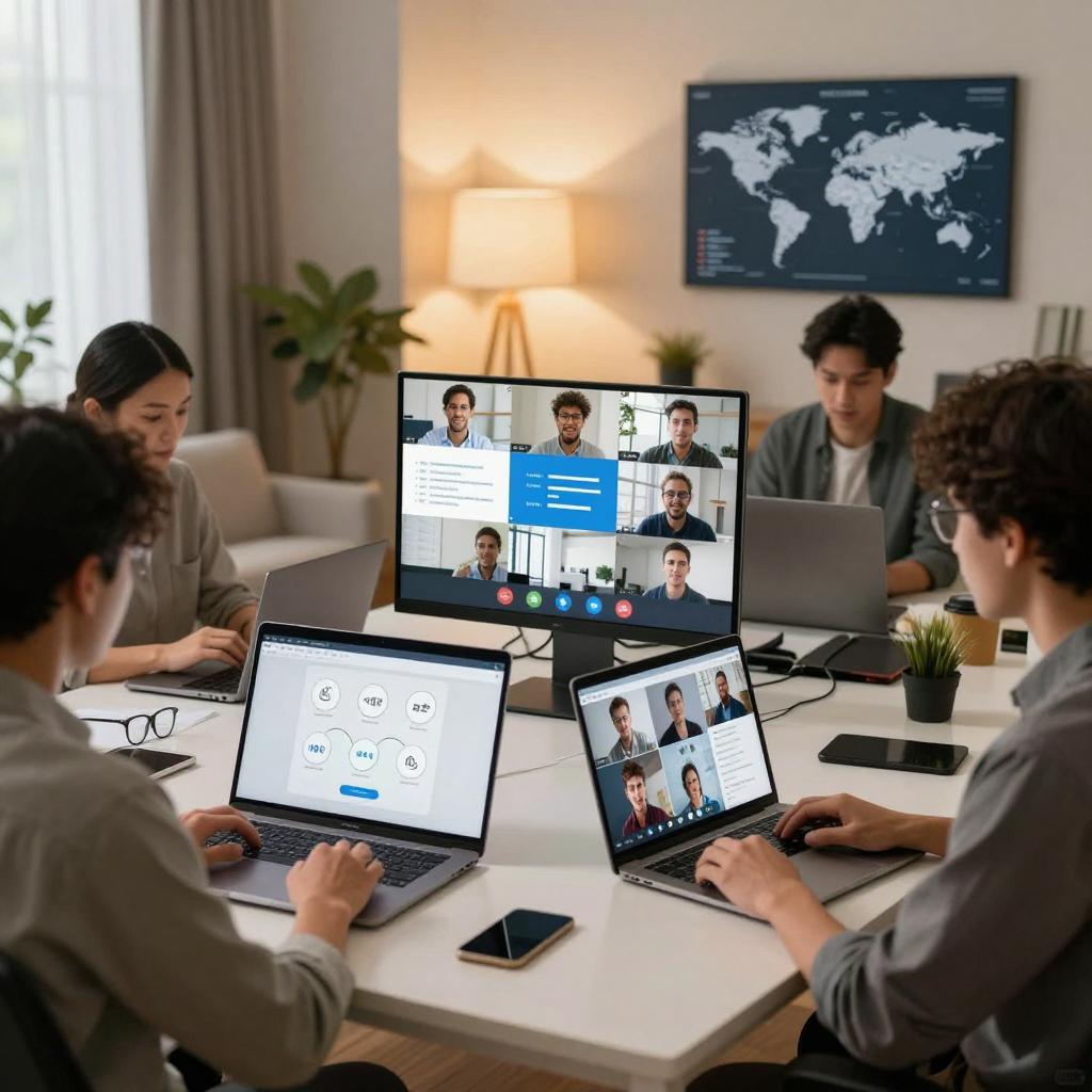 Modern remote workspace showing team collaboration across devices with warm professional ambient lighting and communication tools.